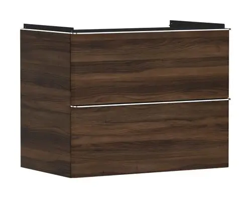 Dunkler Waschtischunterschrank mit zwei Schubkästen, konzipiert für einen Waschtisch, von der Marke Hansgrohe. Oberfläche mit Holzoptik.